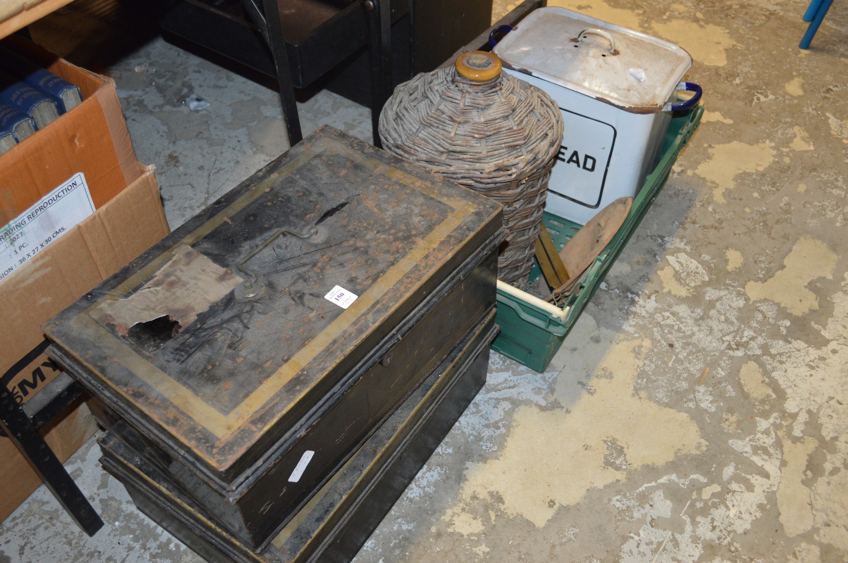 Two old black japanned metal boxes, an old enamel bread bin etc.