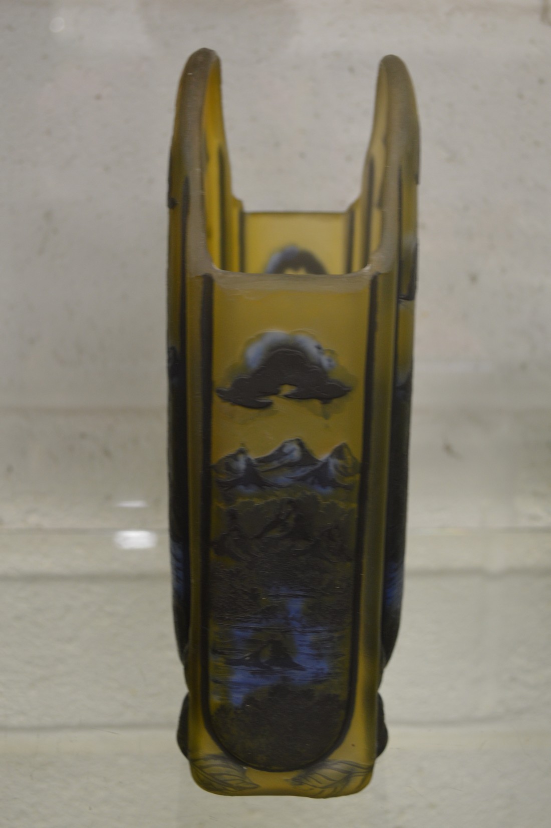 An Art Nouveau style iridescent slab form vase decorated with trees and a pond in a Galle style. - Image 3 of 4