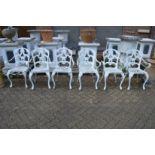 A set of six white painted aluminium garden armchairs (faults).
