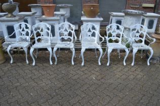 A set of six white painted aluminium garden armchairs (faults).