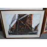 Decorative picture of a sailing ship together with an abstract and impressionist print.