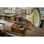 A Selecta gramophone with large painted horn and small collection of records.