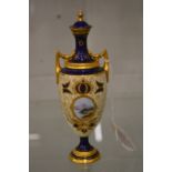 A small Coalport painted and gilded pedestal vase and cover (rim repaired).