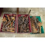 Three boxes of assorted wood working tools to include chisels etc.