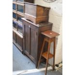 A pine cupboard, a stool and a jardiniere stand.