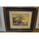 Trees in a landscape, in a hand painted frame.