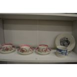 Three famille rose tea bowls and saucers and two other items.