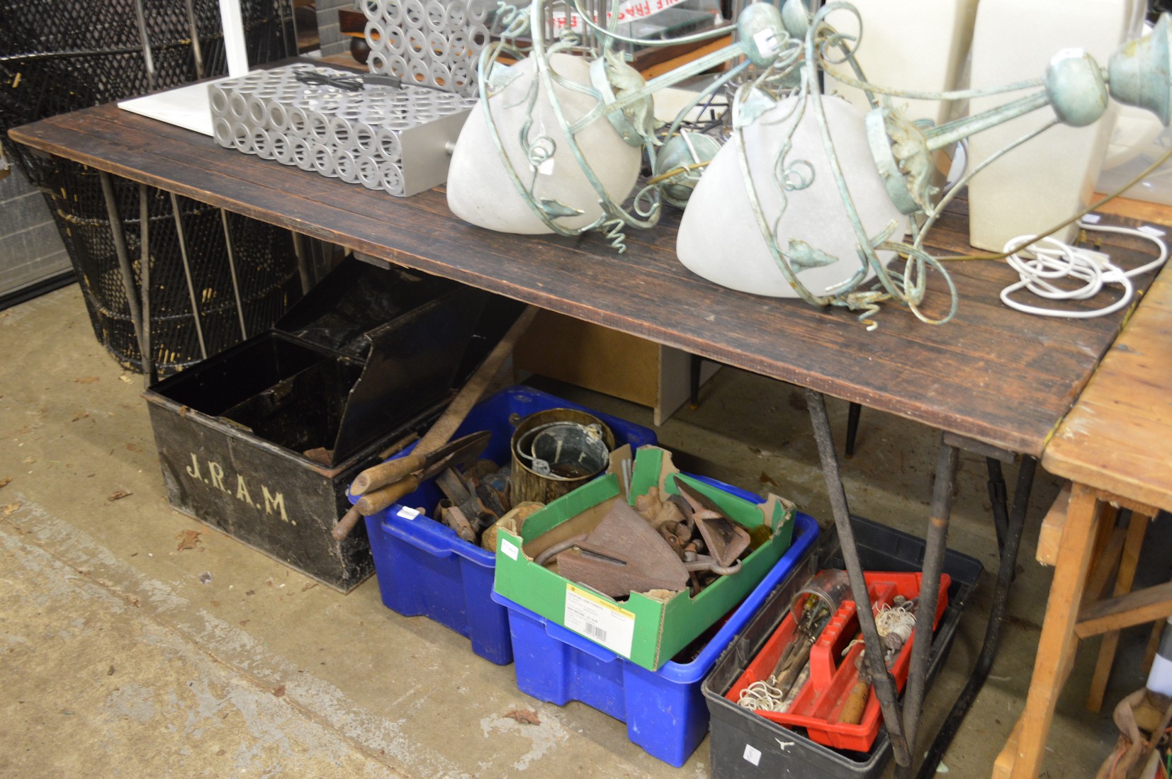 Five old pine trestle tables. - Image 2 of 4