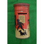 Huntley & Palmers, a small pillar box style money box decorated with children playing in the snow.