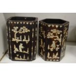 Two Chinese mother-of-pearl inlaid hardwood brush pots.