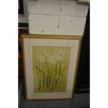 Abstract floral subjects, a pair, in decorative frames, together with a print depicting birds.