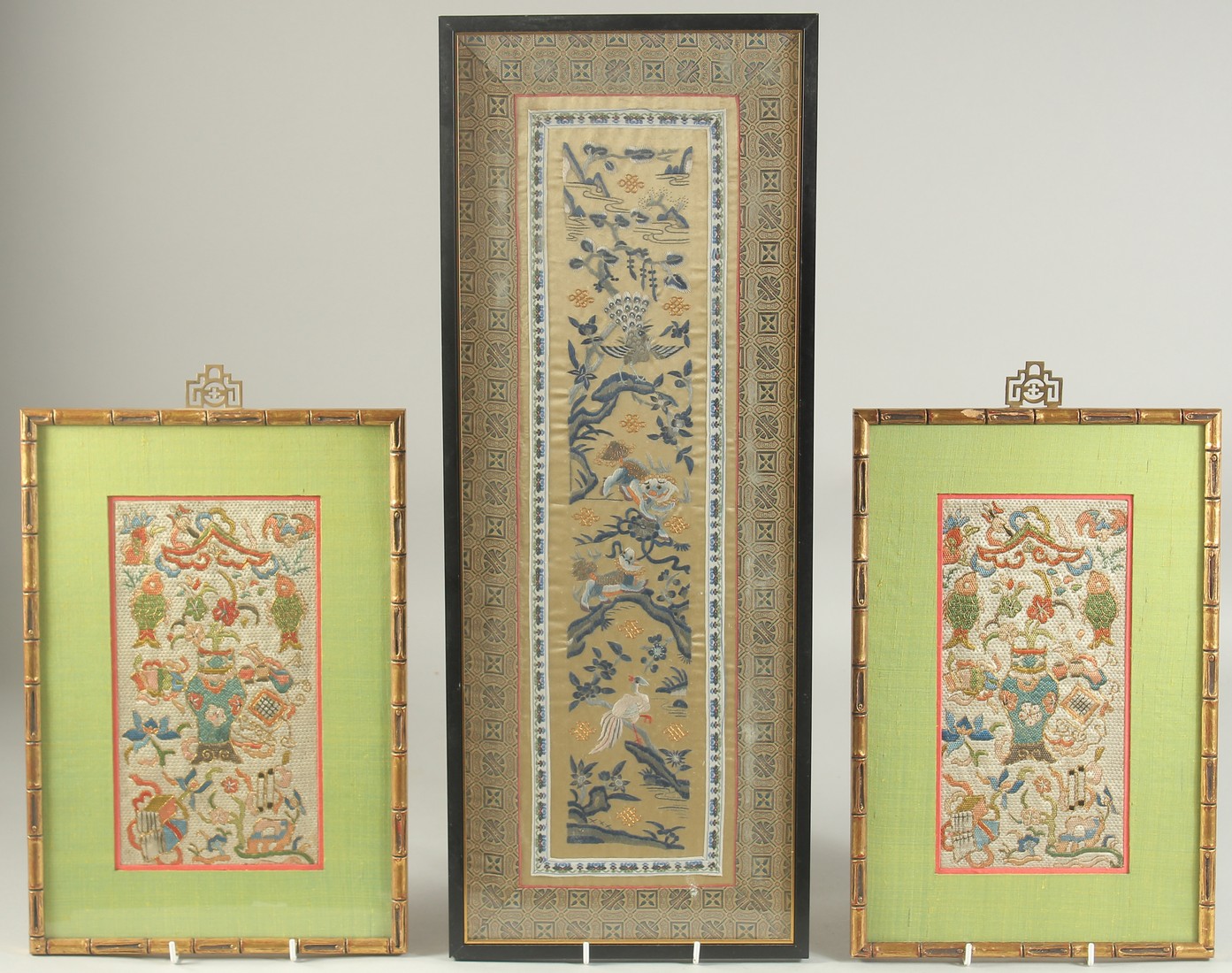 THREE FRAMED CHINESE TEXTILES, (3).