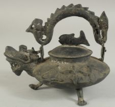 AN UNUSUAL CHINESE DRAGON FORM TEAPOT, the lid with fish shape finial, 19.5cm wide (spout to