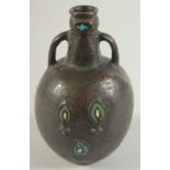AN UNUSUAL POSSIBLY EARLY MIDDLE EASTERN ENAMELLED BRONZE HOLY WATER VESSEL, 13cm high.