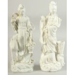 TWO LARGE BLANC-DE-CHINE GUANYIN FIGURES, 29cm and 28cm high.