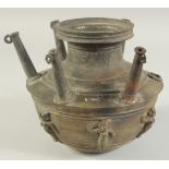 AN UNUSUAL LARGE 18TH-19TH CENTURY SOUTH INDIAN BRONZE MULTI-SPOUTED LOTA VESSEL, with relief