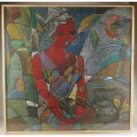 A LARGE SEMI-ABSTRACT MIXED MEDIA / PASTEL PICTURE OF A SEATED FEMALE FIGURE, framed and glazed,