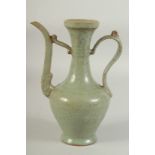 A CHINESE CELADON CRACKLE GLAZE EWER, 24.5cm high.