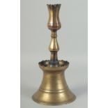 A FINE LARGE 17TH CENTURY OTTOMAN TURKISH BRASS TULIP CANDLESTICK, 35cm high.