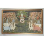 A VERY LARGE 19TH / EARLY 20TH CENTURY FRAMED INDIAN PAINTED TEXTILE, depicting Krishna amongst