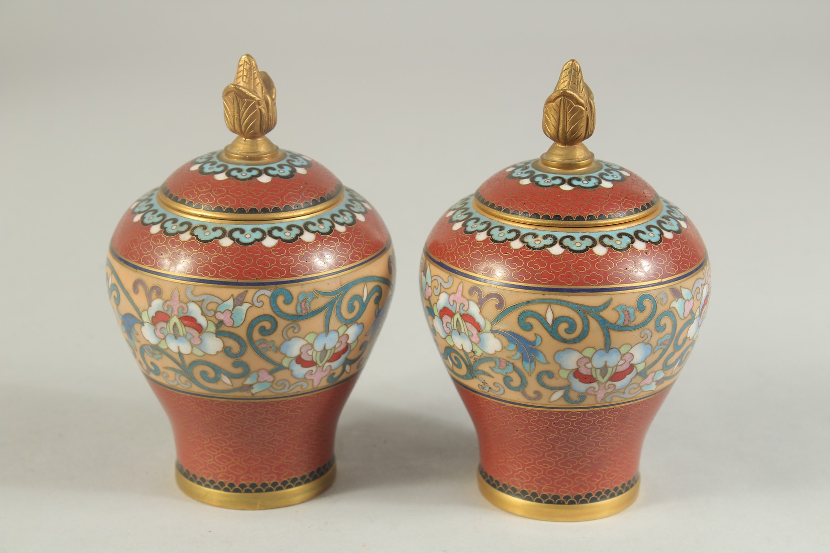 A PAIR OF MID 20TH CENTURY CHINESE CLOISONNE LIDDED JARS, each with a central band of foliate - Image 4 of 7