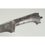 A FINE 18TH CENTURY MUGHAL INDIAN SILVER INLAID PESH KABZ DAGGER, 37cm long.