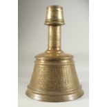 A RARE MONUMENTAL 14TH-15TH CENTURY MAMLUK ENGRAVED BRASS CANDLESTICK, depicting fine large-scale