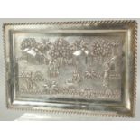 A FINE LARGE 19TH CENTURY INDIAN CALCUTTA RAJ PERIOD SILVER TRAY, with embossed and finely chased