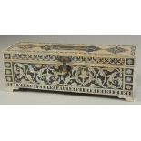 A TURKISH MOTHER OF PEARL INLAID RECTANGULAR BOX, the hinged lid with calligraphic panel, 28.5cm