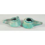 TWO 12TH-13TH CENTURY PERSIAN SELJUK KASHAN TURQUOISE GLAZED POTTERY OIL LAMPS, each approx 11.5cm
