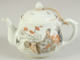 A CHINESE REPUBLIC PERIOD POLYCHROME PORCELAIN TEAPOT, painted with seated figures and characters.