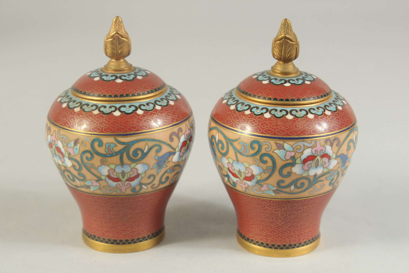 A PAIR OF MID 20TH CENTURY CHINESE CLOISONNE LIDDED JARS, each with a central band of foliate - Image 2 of 7