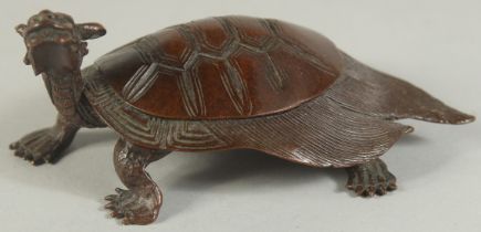 A JAPANESE BRONZE OKIMONO OF A MINOGAME TURTLE, character mark to underside, 11.5cm long.