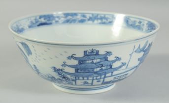 AN EARLY 20TH CENTURY CHINESE BLUE AND WHITE PORCELAIN BOWL, painted with landscape scenes, with