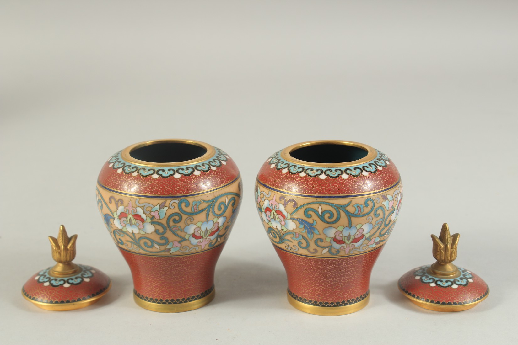 A PAIR OF MID 20TH CENTURY CHINESE CLOISONNE LIDDED JARS, each with a central band of foliate - Image 5 of 7