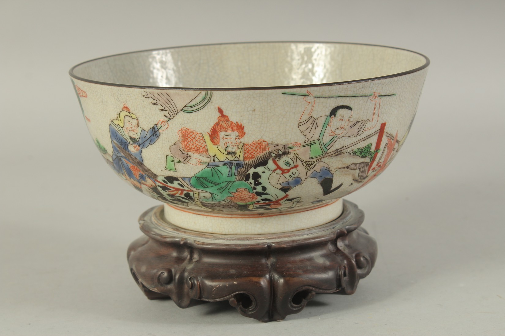 A CHINESE FAMILLE VERTE PORCELAIN BOWL - possibly Qing dynasty, with hardwood stand, the exterior - Image 4 of 7