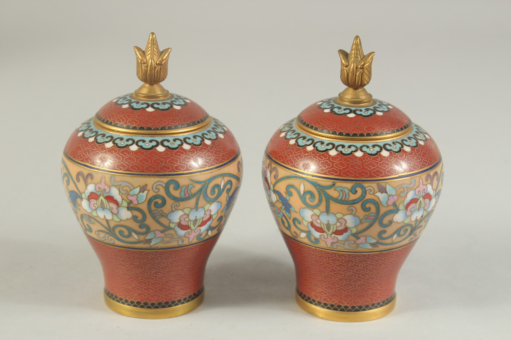 A PAIR OF MID 20TH CENTURY CHINESE CLOISONNE LIDDED JARS, each with a central band of foliate - Image 3 of 7