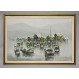 A LARGE CHINESE OIL ON CANVAS PAINTING BY F.C CHEUNG - water side nautical theme of Asia, signed