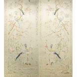 A VERY LARGE AND IMPRESSIVE PAIR OF EARLY 20TH CENTURY CHINESE SILK PANELS, finely decorated with
