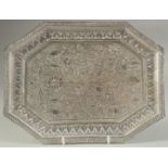 A 19TH CENTURY KASHMIRI ENGRAVED WHITE METAL TRAY, with fine foliate decoration, 30cm x 22.5cm.