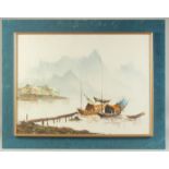 A OIL ON CANVASS PAINTING OF A COASTAL SCENE, framed, image 44cm x 59cm.