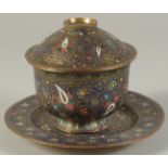 A FINE 19TH CENTURY KASHMIR ENAMEL AND GILT LIDDED BOWL AND STAND, with colourful enamelled
