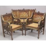 A FINE 19TH CENTURY EGYPTIAN REVIVAL FURNITURE SET; comprising a settee and pair of chairs, inlaid