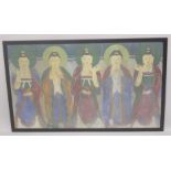 A FINE 19TH CENTURY PAINTING 'FIVE BUDDHAS', framed and glazed, image 71cm x 119.5cm.