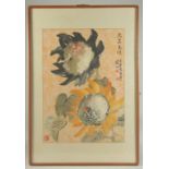 A CHINESE WATERCOLOUR INK PAINTING OF FLOWERS, inscribed and with three red seal marks, framed and