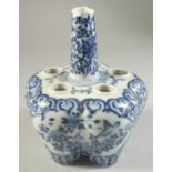 A CHINESE BLUE AND WHITE PORCELAIN VASE, with panels of birds and flora, (af), 21cm high.