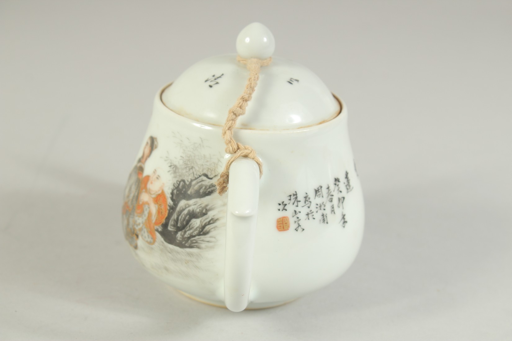 A CHINESE REPUBLIC PERIOD POLYCHROME PORCELAIN TEAPOT, painted with seated figures and characters. - Image 4 of 6