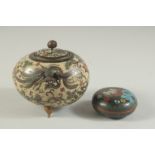 A 19TH CENTURY CLOISONNE LIDDED BOX, beautifully decorated with exotic birds and flora, raised on