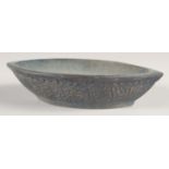 A FINE ISLAMIC -POSSIBLY DECCANI INDIAN ENGRAVED CALLIGRAPHIC BRONZE KASHKUL BOWL, 21cm wide.