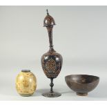THREE KASHMIRI LACQUERED AND HAND-PAINTED ITEMS; including a signed bowl, (3).